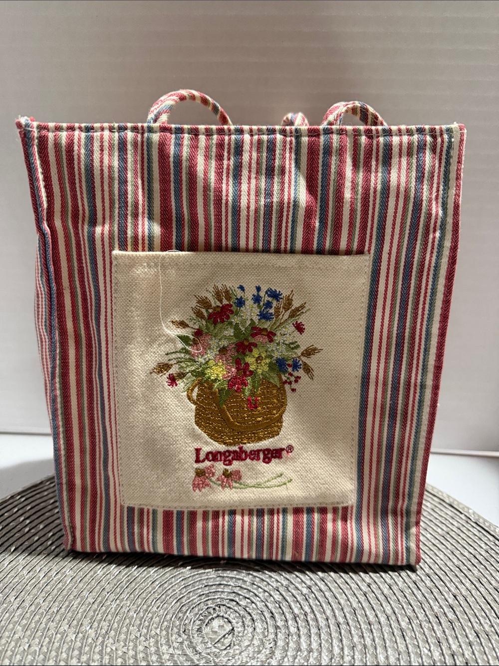 Longaberger Striped Floral Basket Tote - Red, Blue, Cream